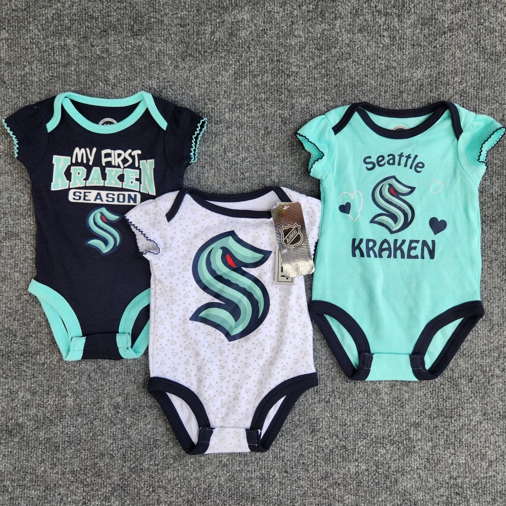 NHL Seattle Kraken Baby Bodysuit 3-Pack Infant Creeper‎ Set 0-3M NEW w/Tags